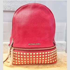 Michael Kors Rhea Studded Backpack In Pebbled Red Leather.